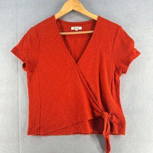 Madewell Womens Wrap Top Medium Orange Knit Short Sleeve Bow Tie Casual Boho